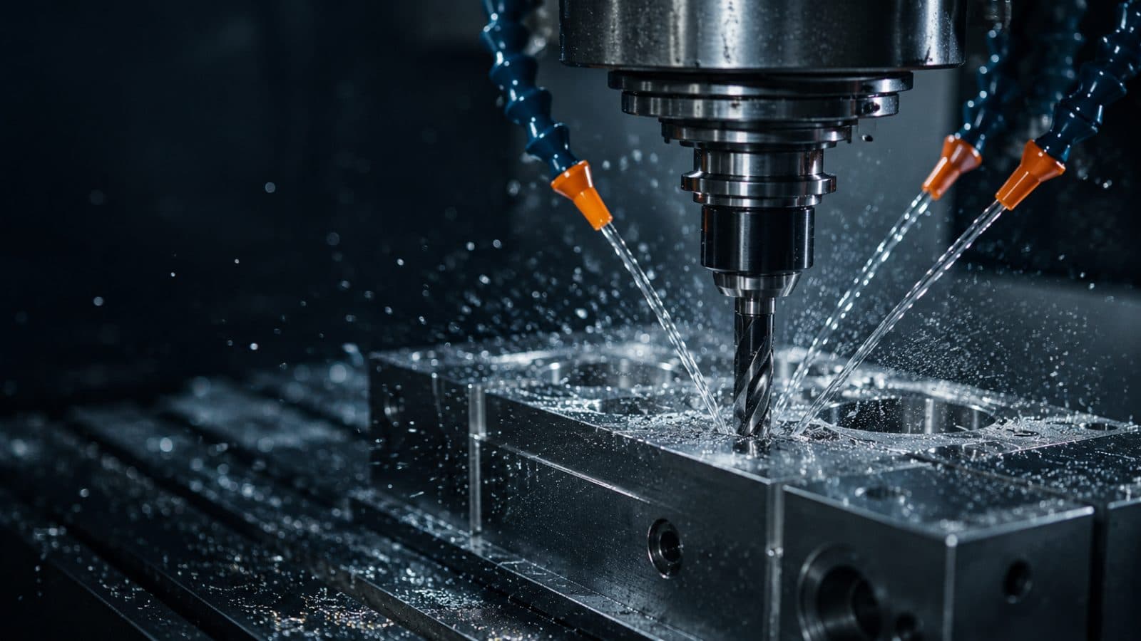 CNC machine drilling a steel block under coolant